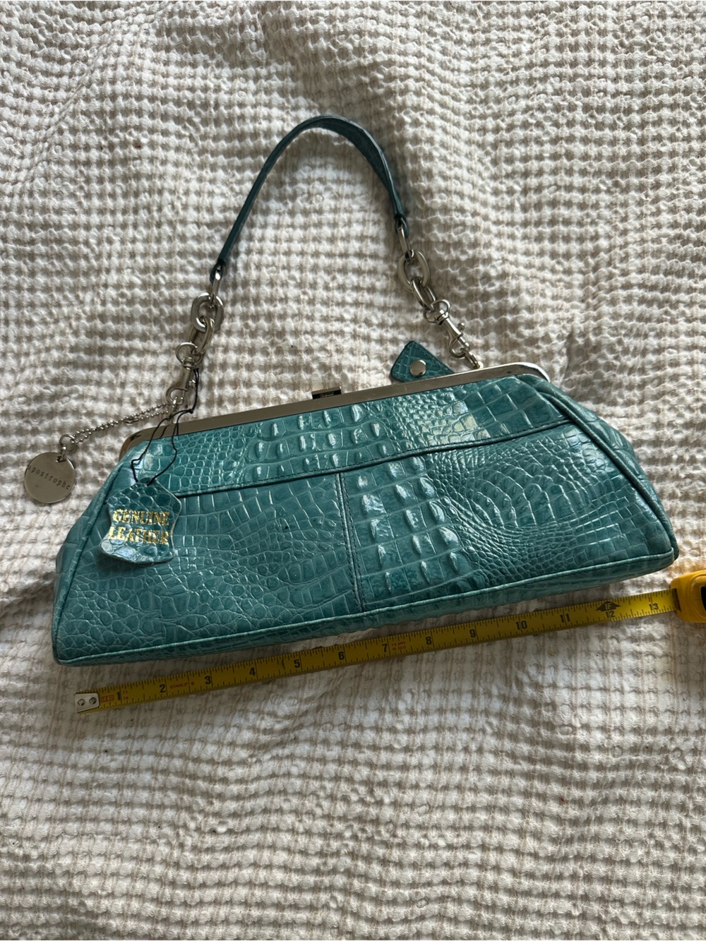 Teal Crocodile Top-Handle Silver Accent Shoulder Bag - Genuine Leather - Picture 6 of 8